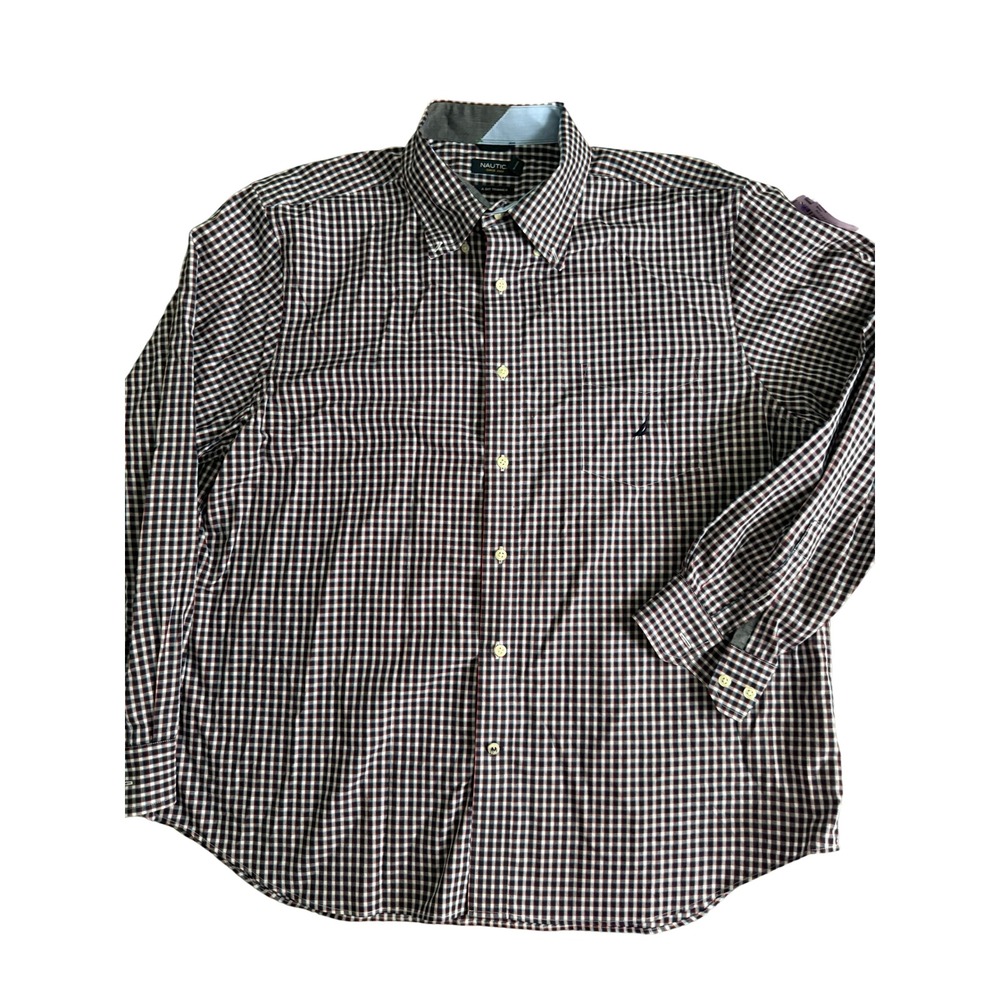 Nautica Mens XXL Red White Blue Gingham Plaid Long Sleeve Button Down Shirt
